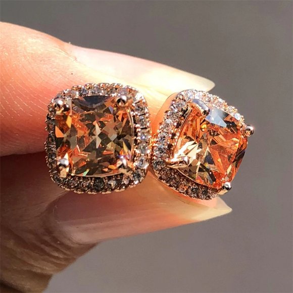 Jewelry - NEW 18K Rose Gold Morganite Diamond Halo Stud Earrings